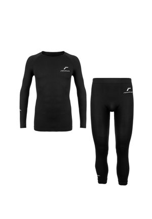 Schwarzes Thermo-Basisschicht-Set mit langarm Top und Leggings. Das Material ist dehnbar und hat eine glatte Textur. Markenlogo auf beiden Teilen.