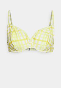 Sutiã xadrez amarelo e branco com aros, alças ajustáveis e fecho traseiro. Tecido suave com uma textura lisa.