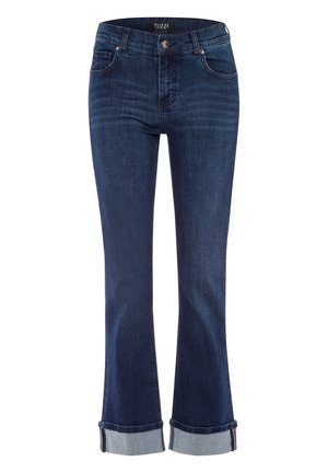 Jean en denim bleu foncé avec une coupe évasée, ourlet roulé, deux poches avant et une fermeture zip avec bouton.