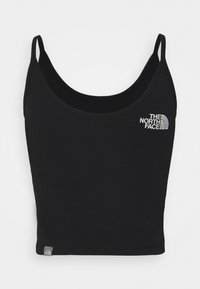 Black cropped tank top with thin straps and white "The North Face" logo on the upper left chest and bottom left hem.