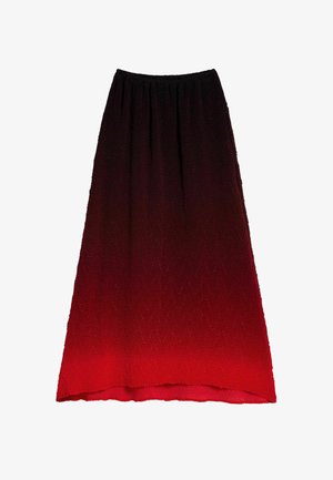 Duga suknja s gradijentom od crne do crvene boje. Tkanina teksture s uzorkom cik-cak. Elastični pojas za udobno pristajanje.