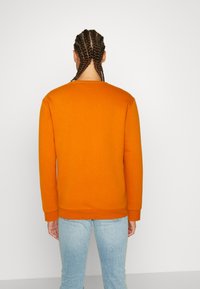 Felpa arancione con scollo rotondo, polsini e orlo a coste, abbinata a jeans azzurri in vestibilità rilassata, vista da dietro.