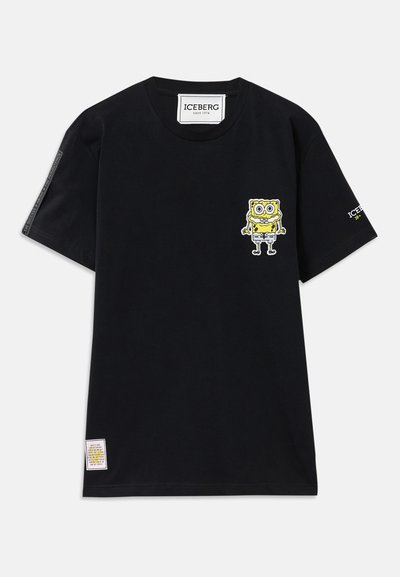 Black cotton t-shirt featuring a SpongeBob SquarePants graphic in yellow on the front, with a logo patch on the hem and sleeve accents.