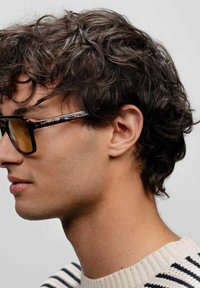 Lunettes de soleil écaille de tortue avec monture carrée, verres marron et branding sur les côtés. Le sujet a les cheveux courts et bouclés et porte un pull rayé.
