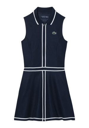 Marineblaues ärmelloses Kleid mit einem Frontreißverschluss, weißen Akzenten entlang des Kragens und der Taille sowie einem kleinen grünen Logo auf der oberen linken Brust.