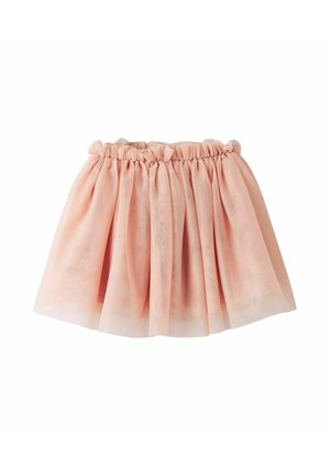 Tule rok in zachtroze, met een elastische tailleband, gelaagd ontwerp en een korte, uitlopende silhouet met een doorschijnende afwerking.