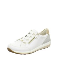 White leather sneaker with gold accents, elastic laces, and side zipper. Features a beige heel, rounded toe, and rubber sole for traction.