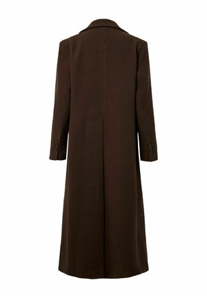 Brun, lång ullrock med spetsig krage, enkel slits bak och knäppta ärmslut. Rak silhuett och minimal detaljering.