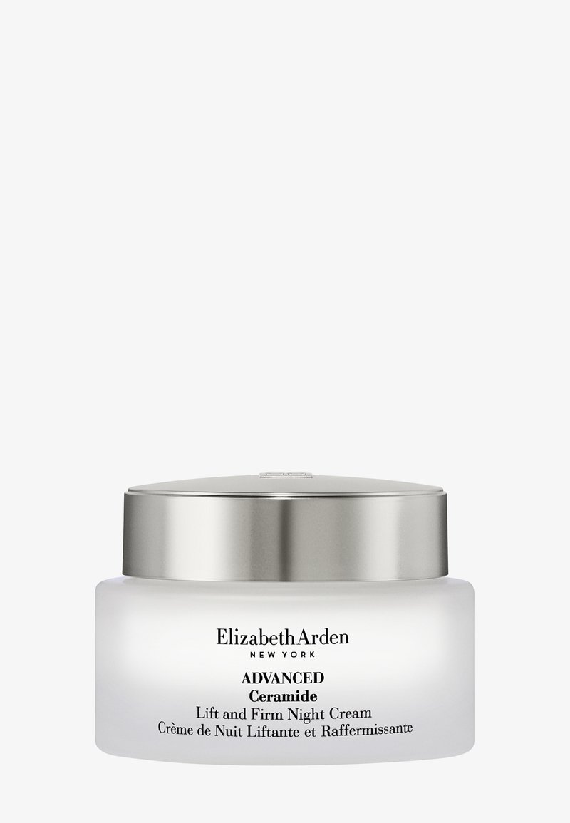 Crème de nuit Elizabeth Arden Advanced Ceramide Lift and Firm dans un pot blanc avec un couvercle argenté.