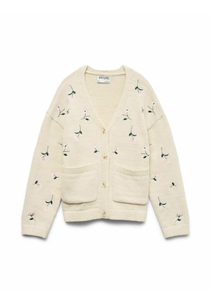 Cardigan crème avec un col en V, quatre boutons, deux poches avant et une broderie florale rose et verte sur tout le tissu.