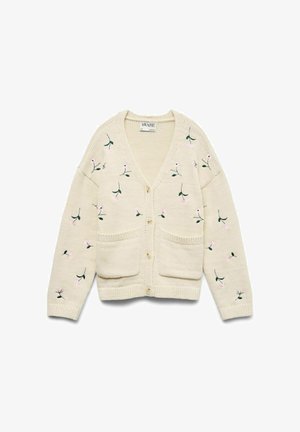 Krämfärgad cardigan med V-ringning, fyra knappar, två framfickor och blommig brodyr i rosa och grönt över tyget.