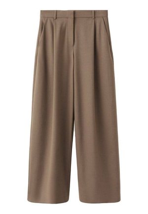 Pantalons marron à jambe large avec une texture lisse, des plis avant et une taille haute. Dotés d'un design ajusté et de poches latérales.