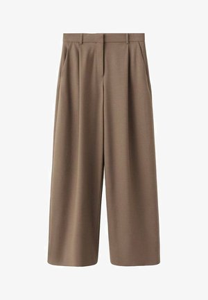 Pantalones marrones de pierna ancha con una textura suave, pliegues frontales y una cintura alta. Presentan un diseño ajustado y bolsillos laterales.