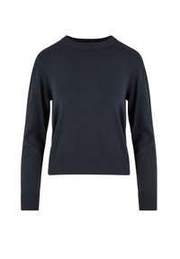 Mørkeblå genser med lange ermer, rund hals og ribbestrikkede mansjetter og kant. Laget av mykt stoff med en jevn tekstur, ingen synlige mønstre.