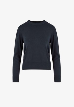 Donkerblauwe trui met lange mouwen, ronde hals en geribde manchetten en zoom. Gemaakt van zachte stof met een gladde textuur, zonder zichtbare patronen.