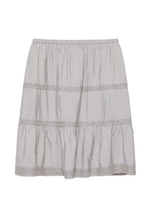 Hellgrauer knielanger Rock mit elastischem Bund, horizontalem Spitzenbesatz und gerafftem Volantabschluss.
