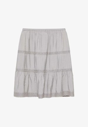 Hellgrauer knielanger Rock mit elastischem Bund, horizontalem Spitzenbesatz und gerafftem Volantabschluss.