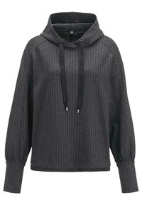 Szary, paskowany hoodie z regulowanym dekoltem, luźny krój i długie, lekko bufiaste rękawy. Wykonany z miękkiego, teksturowanego materiału.