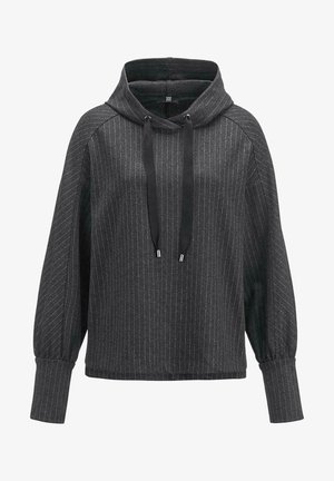 Sudadera gris a rayas con cuello con cordón, ajuste relajado y mangas largas ligeramente abullonadas. Fabricada en un tejido suave y texturizado.