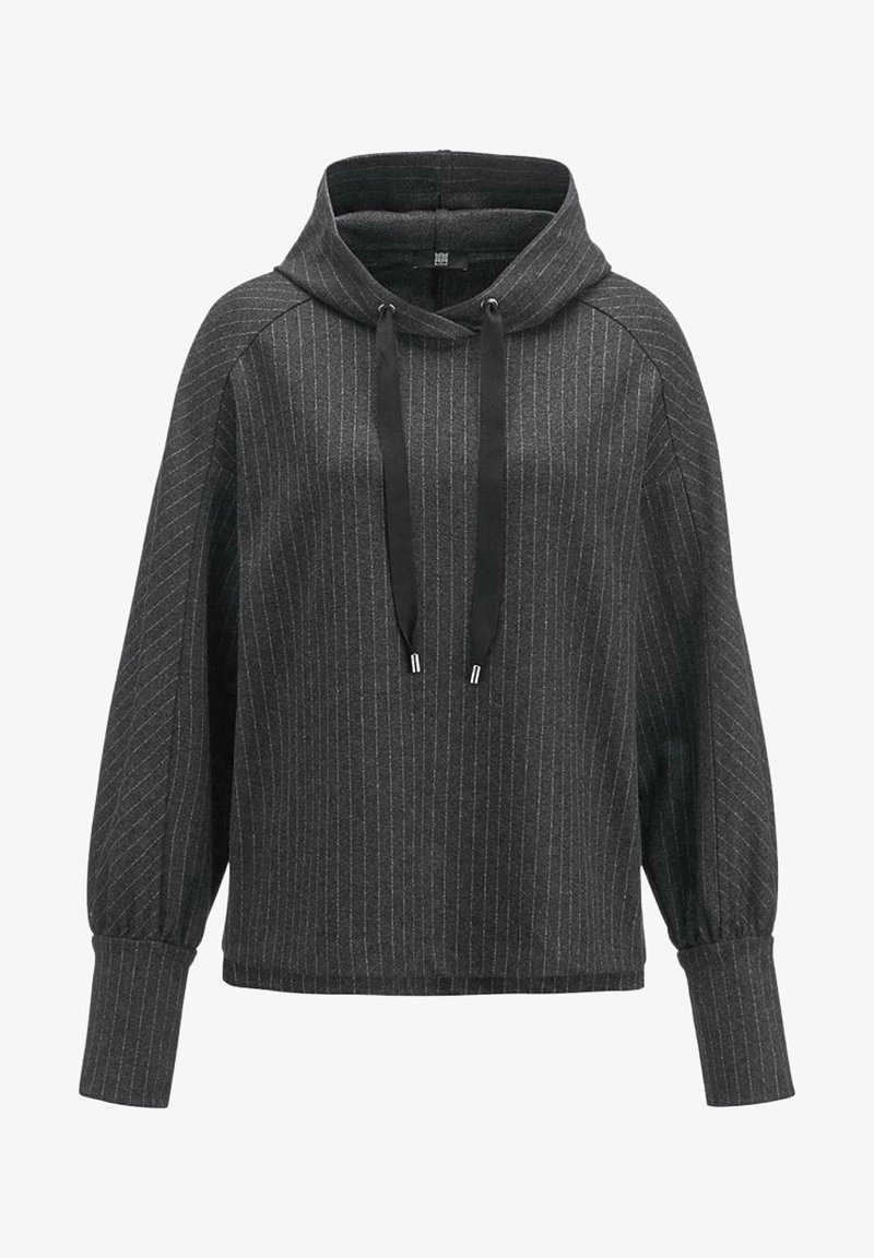 Grau gestreifter Hoodie mit Kordelzug am Ausschnitt, lockerer Passform und langen, leicht puffigen Ärmeln. Hergestellt aus weichem, strukturiertem Stoff.