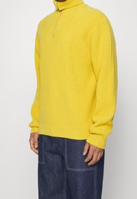 Geel gebreid sweater met een hoge kraag en halve rits. Kenmerkt zich door een geribbelde textuur en lange mouwen. Gecombineerd met donkerblauwe spijkerbroek.