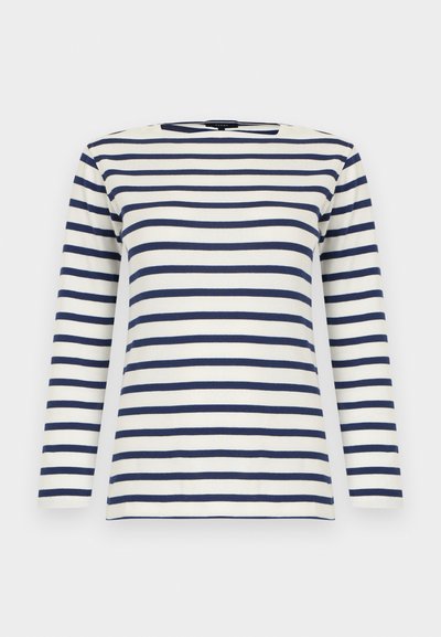 Μπλούζα με μακριά μανίκια και ρίγες σε κρεμ και ναυτικό μπλε. Διαθέτει στρογγυλή λαιμόκοψη και απαλό, λείο ύφασμα με ομοιόμορφες οριζόντιες ρίγες.