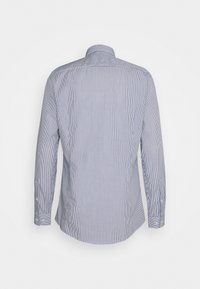 Blauw-wit gestreept shirt met lange mouwen, knoopmanchetten, kraag, getailleerde pasvorm, gladde stof met verticaal patroon, achteraanzicht.