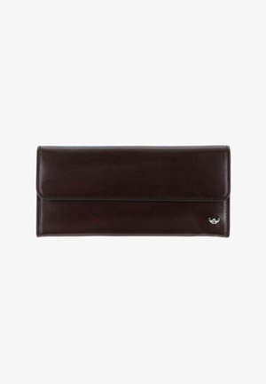 Portefeuille en cuir marron foncé avec rabat pliable et petit logo argenté en bas à droite, présenté fermé sur fond blanc.