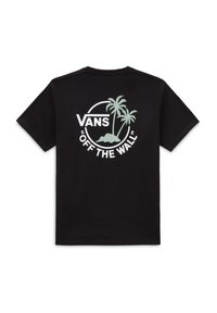 Černé bavlněné tričko s grafickým logem se stylizovanými palmami, textem "VANS" a "OFF THE WALL" v bílé a mentolově zelené barvě.
