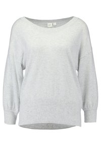 Helles grauer Pullover mit weitem Ausschnitt, überschnittenen Schultern sowie gerippten Bündchen und Saum. Weiches, strukturiertes Strickmaterial.