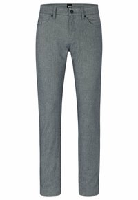Pantalons en denim gris avec une coupe slim. Dotés de cinq poches, d'une fermeture à bouton et de coutures visibles. Le tissu a une texture lisse.