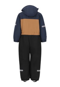 Kinder wasserdichter Overall in Marineblau und Braun, mit Kapuze, elastischem Bund und reflektierenden Akzenten an den Ärmeln. Unterer Teil in Schwarz.