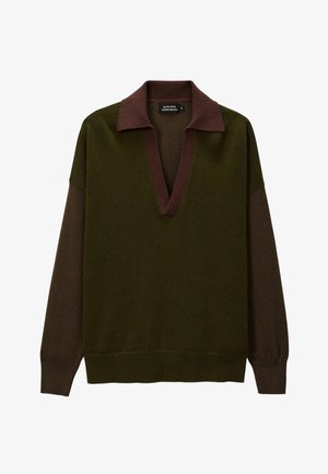 Pull en tricot avec un col en V, présentant un corps vert olive foncé et des accents marron au col et aux manches. Texture douce et coupe décontractée.