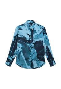 Long-sleeve button-up shirt with abstract blue and black paint splatter pattern and pointed collar.
