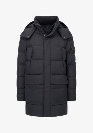 Pardessus invernale nero, imbottito, con colletto alto, chiusure con zip e bottoni a pressione, due tasche frontali e cappuccio staccabile. Tessuto testurizzato.