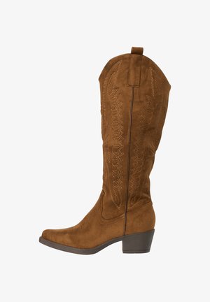 Brun ruskinds-westernstøvle, knælængde, med broderede detaljer og lav blokhæl.