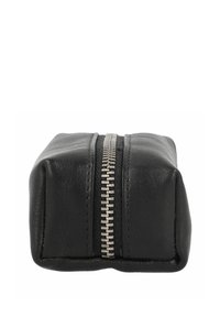 Black leather pouch with a rectangular shape, featuring a central silver zipper. Smooth texture with a slight sheen.