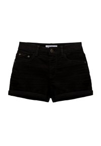 Mustat denimi-shortsit, joissa on käännetty helma, etutaskut ja yksi nappisuljenta. Sileä kangas, istuva malli ja klassinen muotoilu.