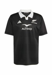 Zwarte rugbytrui met witte kraag, voorzien van logo's van All Blacks, Altrad en Adidas. Gemaakt van ademend, textuurstof. Kortemouw ontwerp.