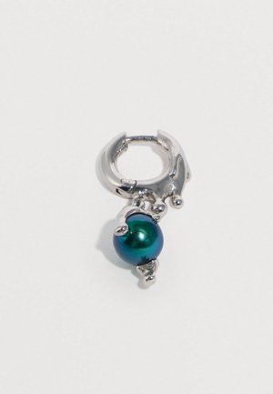 Silver hoop earring featuring a glossy teal pearl, suspended with decorative accents and a textured surface.