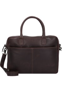 Sac à dos en cuir marron pour ordinateur portable avec poignées doubles, bandoulière amovible, poche à l'avant et fermeture éclair. Texture lisse avec un détail de couture subtil.