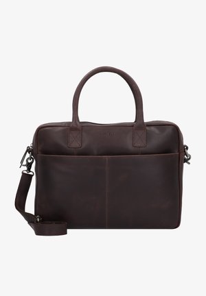 Sac à dos en cuir marron pour ordinateur portable avec poignées doubles, bandoulière amovible, poche à l'avant et fermeture éclair. Texture lisse avec un détail de couture subtil.