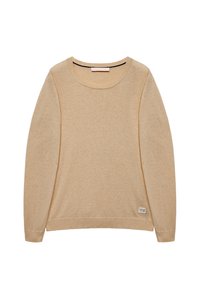 Beige sweater with a round neck, long sleeves, and ribbed cuffs. Features a small logo tag at the hem, made from a soft, textured fabric.