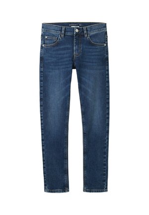 Ciemnoniebieskie jeansy slim fit z pięcioma kieszeniami, zapinane na guzik, z subtelnymi wyblakłymi detalami na udach i kolanach.