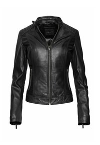 Crna kožna jakna s prilagođenim dizajnom, glatkom teksturom, zatvaračem sprijeda i suptilnim detaljima šavova. Ima stojeći ovratnik i zip džepove.