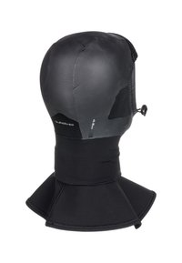 Black neoprene wetsuit hood with a high collar and chin strap, featuring a smooth texture, seamless design, and side hardware for adjustment.