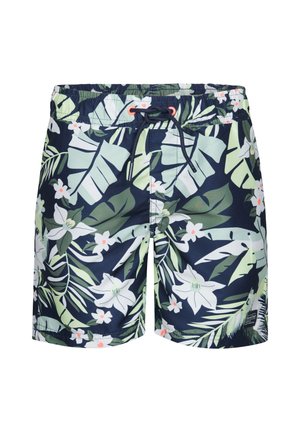 Costume da bagno floreale in blu navy con un motivo di foglie tropicali verdi e fiori bianchi. Vita elastica con cordino per una vestibilità regolabile.