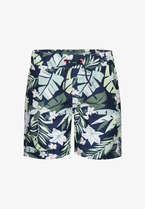 Kwiatowe szorty kąpielowe w granatowym kolorze z zielonym wzorem tropikalnych liści i białymi kwiatami. Elastyczny pas ze sznurkiem do regulacji dopasowania.