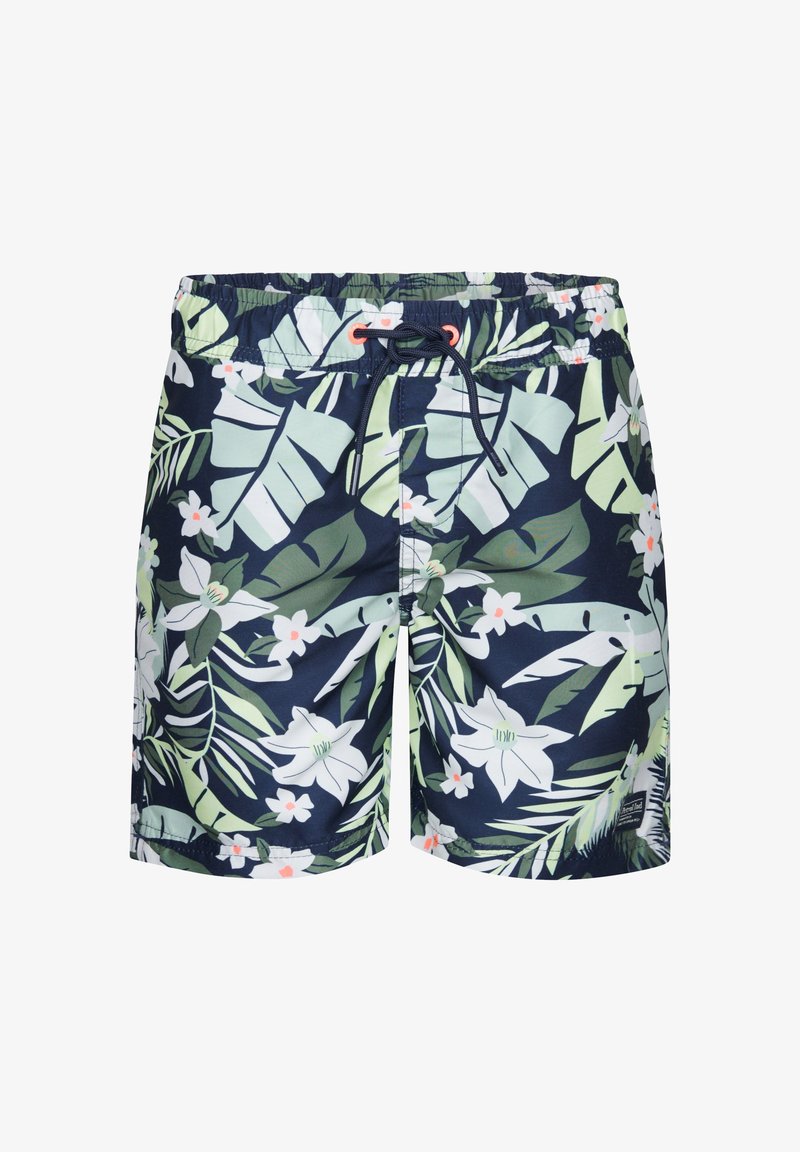 Shorts de bain floraux en bleu marine avec un motif de feuilles tropicales vertes et des fleurs blanches. Taille élastique avec cordon de serrage pour un ajustement réglable.