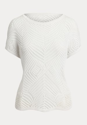 Hvit t-skjorte med korte ermer som har et teksturert design med geometriske mønstre. Stoffet er lett, har en rund halslinning og en avslappet passform.